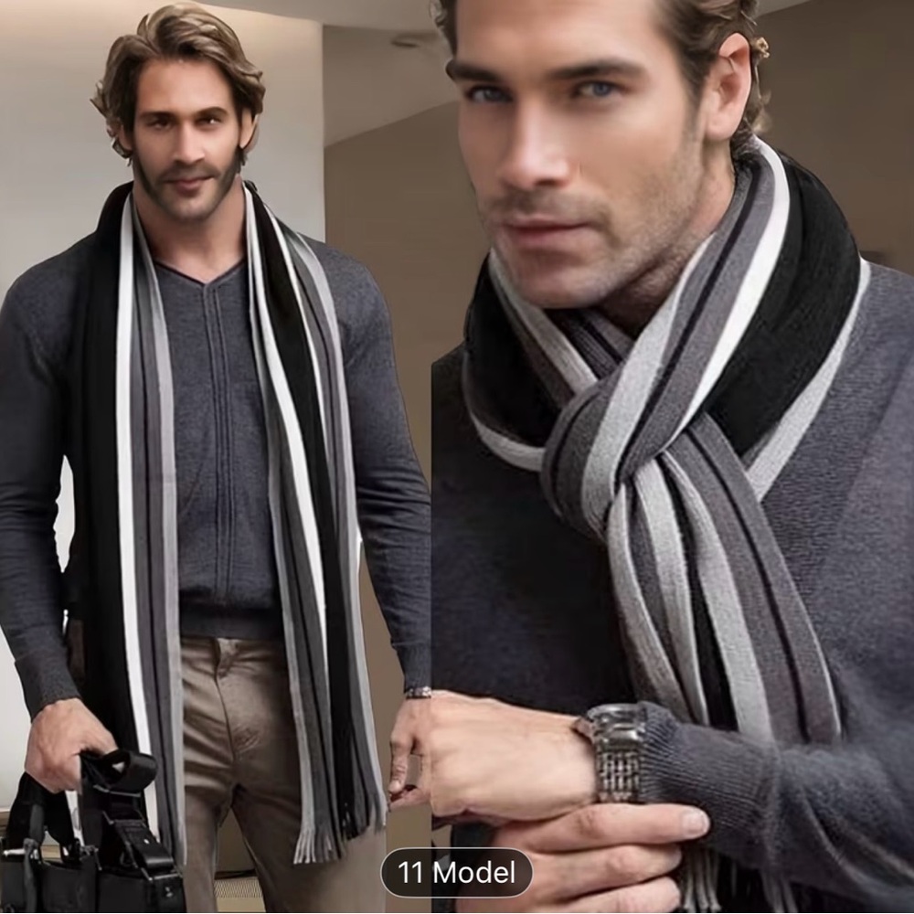 Elegant Black and Gray Men's Striped  Scarf